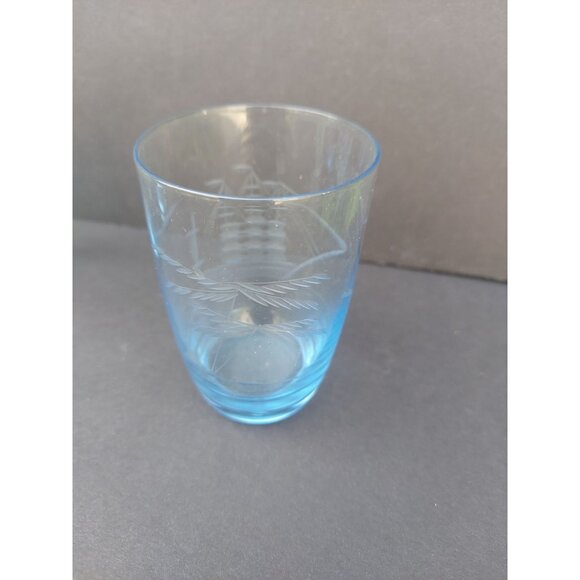 6 Elegant Etch Clipper Ship Blue Juice Glasses - Picture 4 of 6